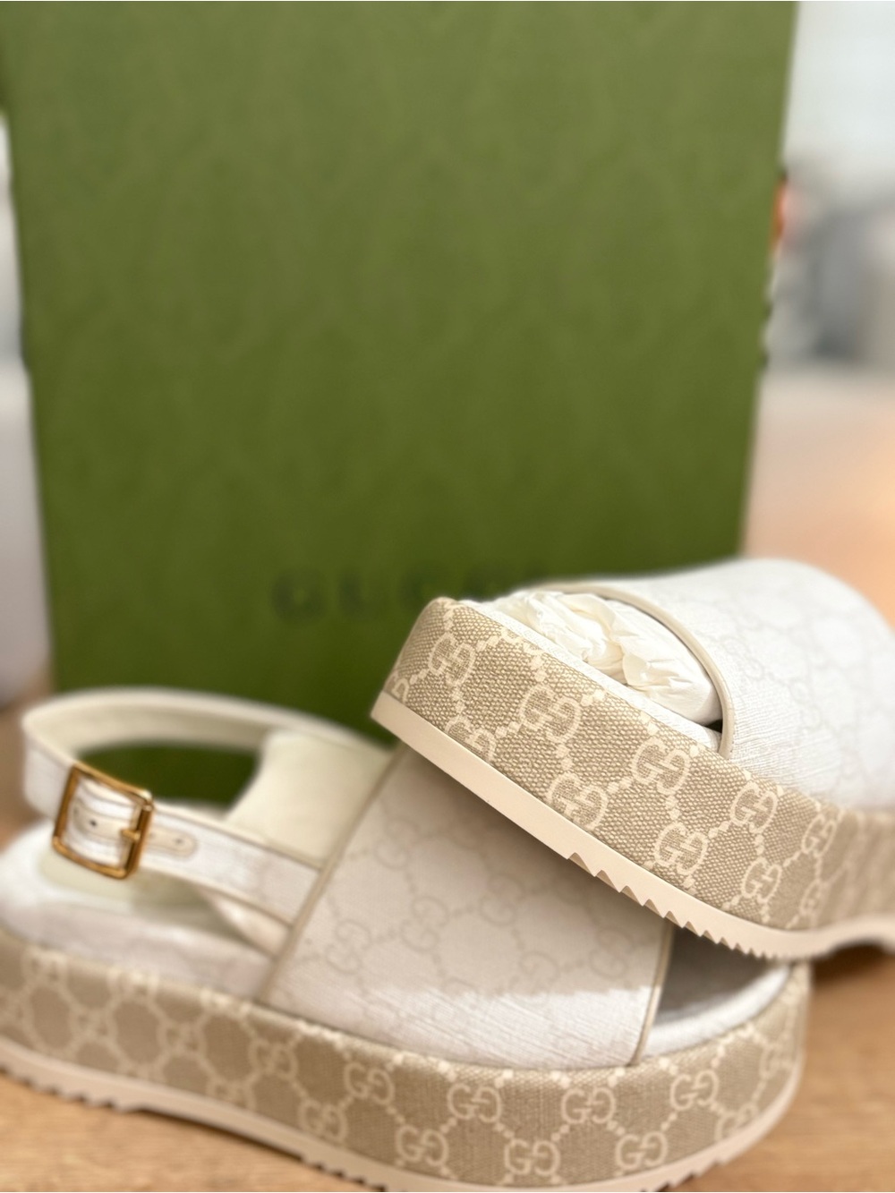 Gucci Cream/Beige GG-Logo Platform Slide Sandals